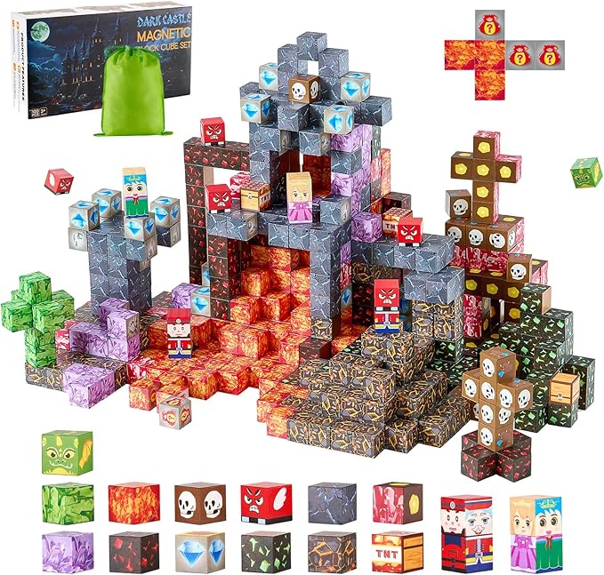 VEVOR Magnetic Blocks, 100 PCS Dark Castle Set, Magnetic Building Cubes for Kids, STEM Montessori Sensory Toys for Christmas Birthday Gift, Construction Stacking Toy for 3+ Years Old Boys & Girls