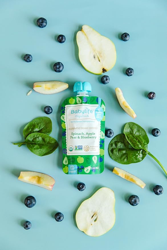 Babylife Organics Stage 2 - Spinach, Apple, Pear & Blueberry, 3.5 Ounce Pouch (6 Pack) - Heavy Metal Safe, Organic Baby Food