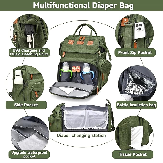 Baby Diaper Bag Backpack Multifunctional Waterproof Diaper Bag with Changing Station Travel Backpack with Changing Pad(Army Green)