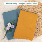 Hooyax Baby Lounger Cover 2 Pack - 100% Muslin Cotton Newborn Lounger Pillow Covers Only, Soft Breathable Infant Lounger Cover with Reinforced Stitching, Fits Most Standard Baby Loungers (Blue Ginger)