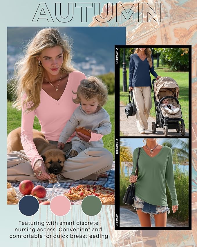 Huukeay 3 Pack Women's Long Sleeve Nursing Tops, Breastfeeding Hidden Zippers Shirts V Neck Maternity Pregnancy Tees Clothes