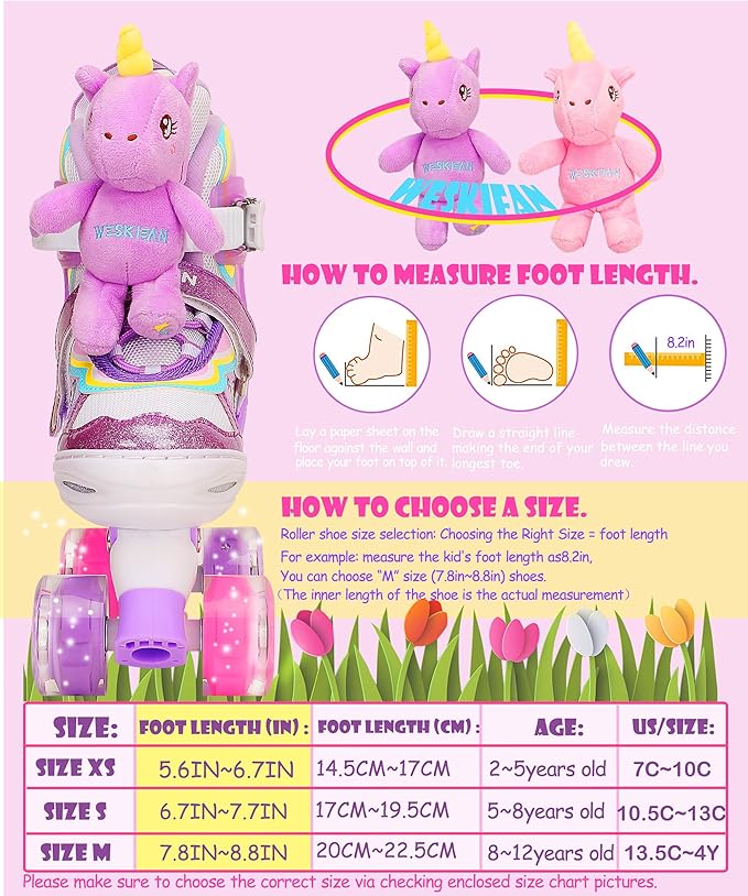 Unicorn Doll Kids Toddler Roller Skates for Girls,WESKIFAN Quad Skating Shoes with Shiny Light up Wheels&Adjustable Sizes Beginners rollerskates for Birthday Xmas Gifts,Patines para Niñas Niños