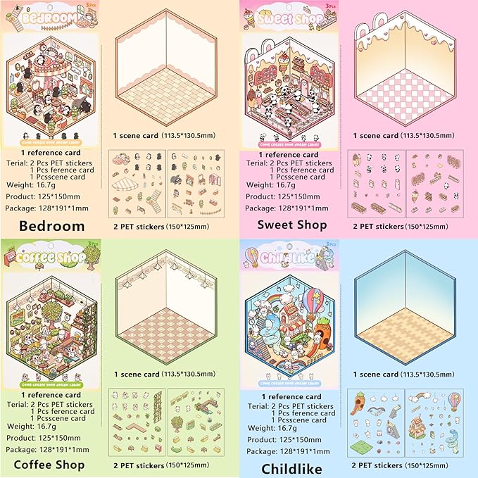 DIY 3D Sticker Scene，8 Sets Pack（500+）, Reusable Sticker Book, Cute Sets for Free Combination, Cute Waterproof for Anywhere, Crafts Party Favors Birthday Gift