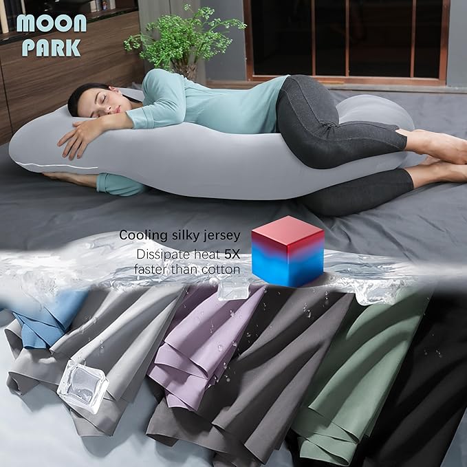 MOON PARK Pregnancy Pillows for Sleeping - U Shaped Full Body Maternity Pillow with Removable Cover - Support for Back, Legs, Belly, HIPS - 65 Inch - Light Grey - Cooling Cover
