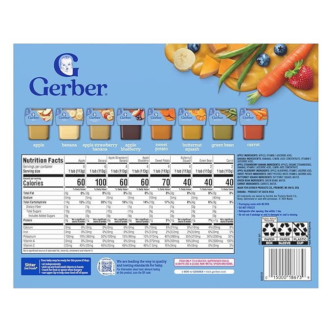 Gerber Purees 2nd Foods Veggie & Fruit Variety Pack, 8 Ounces, Box of 16 (Packaging May Vary)
