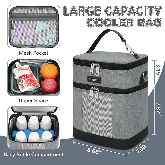 Mancro Breastmilk Cooler Bag with Ice Pack, insulated bottle bag for Daycare and Travel, Double Layer Baby Bottle Cooler Bag Fits 6 up to 9 Ounces for Nursing Moms, Light Grey