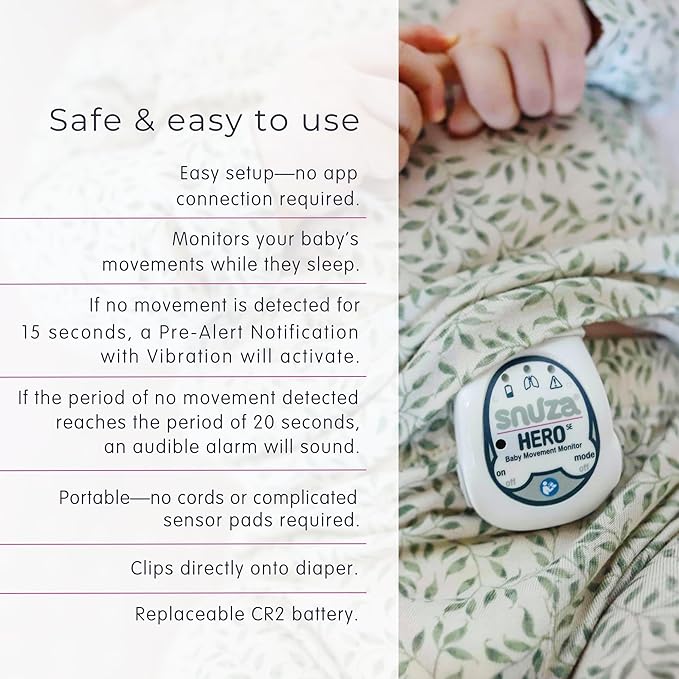 Snuza Hero Baby Monitor: Alerts When No Movement Detected, Gentle Vibration Pre-Alerts, Attaches to Diaper, No WiFi/Bluetooth, Medical Grade Material. Safer Sleep for Babies, Better Sleep for Parents.