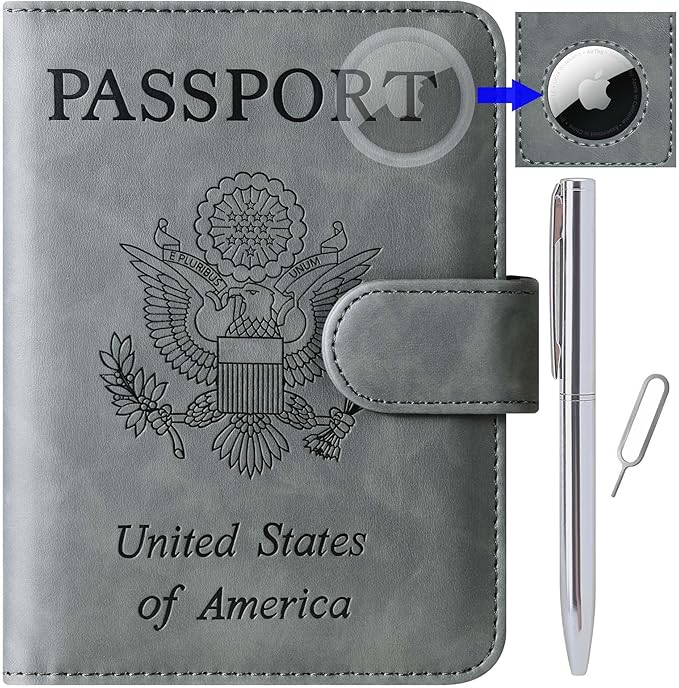 Airtag Passport Holder Cover Wallet Travel Essentials Leather Rfid Blocking Case Vacation Luggage Must Haves Travel Accessories for Men Women (117#Grey)