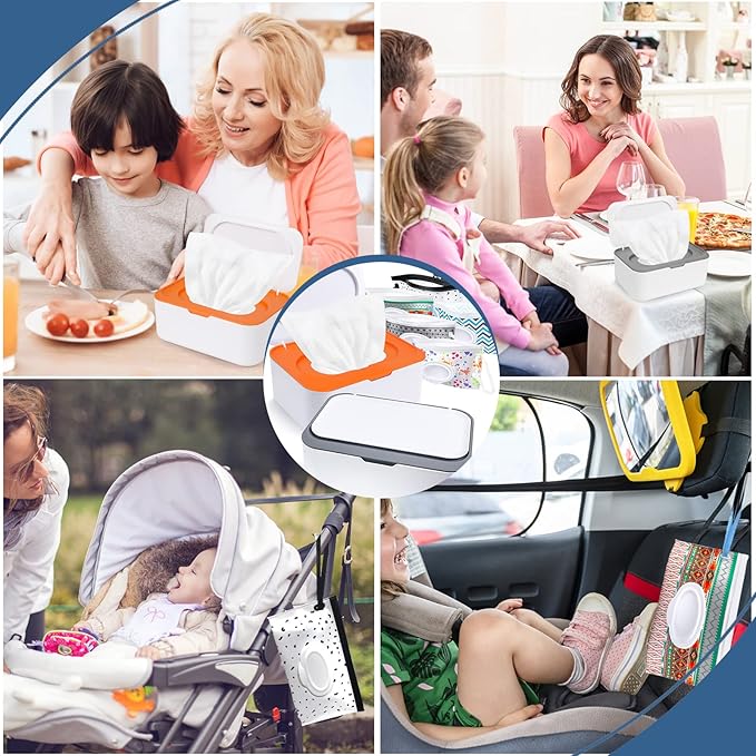 8Pcs Baby Wipes Dispenser, Reusable Baby Wipe Holder Box and Portable Wet Wipes Pouch, Refillable Wipes Pouch Case Container with Lid for Bathroom Baby Nursery Kitchen Office Travel (Grey+Orange)