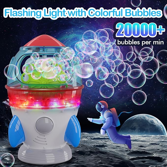 Rocket-Shaped Bubble Machine for Kids & Pets - Dual Powerful Bubble Outlets, Automatic 360° Rotation, Adjustable LED Lights & Music – Ideal for Indoor/Outdoor Birthday Parties