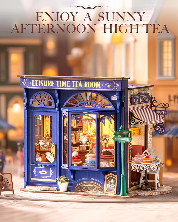 Rolife DIY Miniature House Kit Leisure Tea Time, 3D Book Nook Openable Bookshelf Decor for Adults, Mini Model House Kits, DIY Crafts Kit Halloween for Adults (Leisure Tea Time)