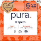 Pura Size 6 Eco-Friendly Diapers (29+ lbs) Totally Chlorine Free (TCF) Hypoallergenic, Soft Organic Cotton, Sustainable, up to 12 Hours Leak Protection, Allergy UK, 1 Packs of 18 Diapers