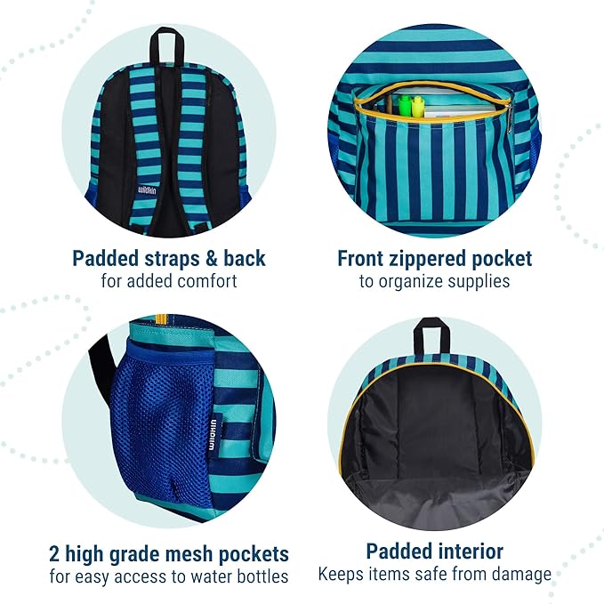 Wildkin 16-inch Kids Backpack – Durable, Padded & Spacious School Bag for Boys & Girls - Blue Stripes