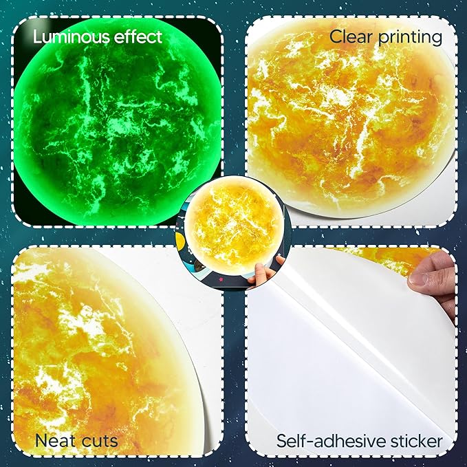 Glow in The Dark Sun for Ceiling, Luminous Planet Wall Sticker, Kids Bedroom Wall Decal, Sticky Fluorescence Sun, Gift for Boys and Girls (Green)