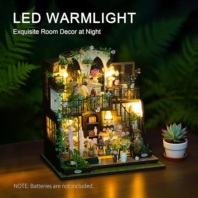 DIY Miniature Dollhouse Kit, Mini House Building Kit for Adults, Tiny House Making Kits with LED Light, Hobby Craft Christmas Decorations Birthday Gifts for Adults (Flower House)