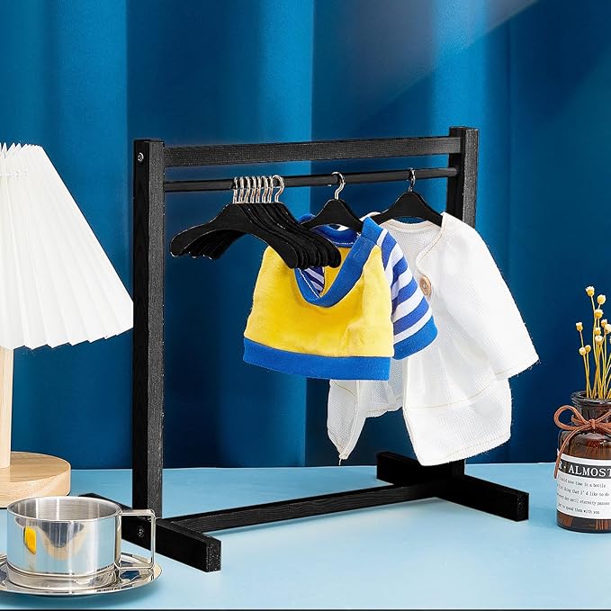 Civaner 11 Pcs Doll Garment Rack with Wooden Clothes Hanger for 18 Inch Girl Doll Clothes Mini Hangers Wardrobe Furniture Accessories for Dollhouse Baby Shower Supplies (Black)