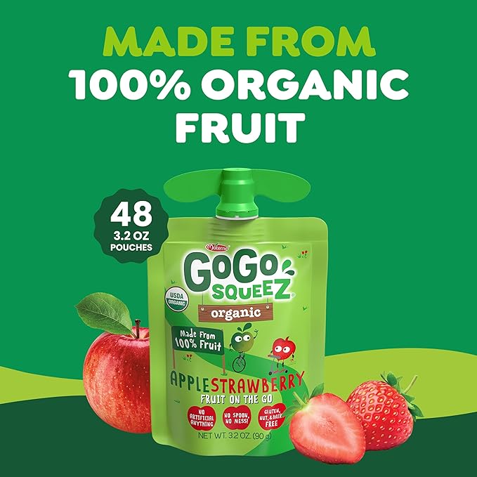 GoGo squeeZ Organic Applesauce and Fruit Puree Apple Strawberry, 3.2 oz (Pack of 48), Unsweetened Organic Fruit Snacks for Kids, Gluten Free, Nut Free and Dairy Free, Recloseable Cap, BPA Free Pouches