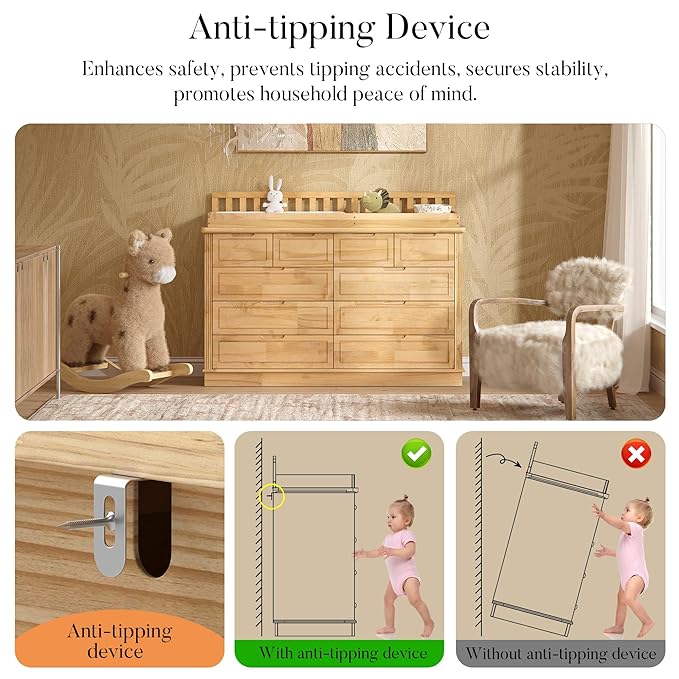 Homsee Baby Changing Table Dresser, 100% Solid Wood Infant Diaper Changing Station Combo, 10-Drawer Baby Nursery Dresser with Removable Tray for Children's Room Bedroom, Nature Color