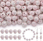 105pcs 10mm Rhinestone Beads for Jewelry Making, Pink White Shiny Round Disco Ball Beads Bulk, Sparkle Crystal Clay Christmas for Bracelet Baseball Necklace Earring Crafting and DIY