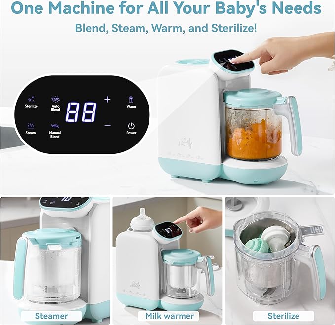 Chefhandy Baby Food Maker, Steamer & Blender, Puree Maker with Auto/Manual Blend, Steam Basket, Bottle Warmer & Sterili-zer, Compact Easy-to-Clean Baby Food Processor (White Blue)