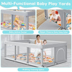 74" ×50" Large Baby Playpen, Baby Playard for Babies and Toddlers, Play Pens for Indoor & Outdoor, Sturdy Safety Play Yard with Soft Breathable Mesh, Anti-Fall, Grey (with MAT)