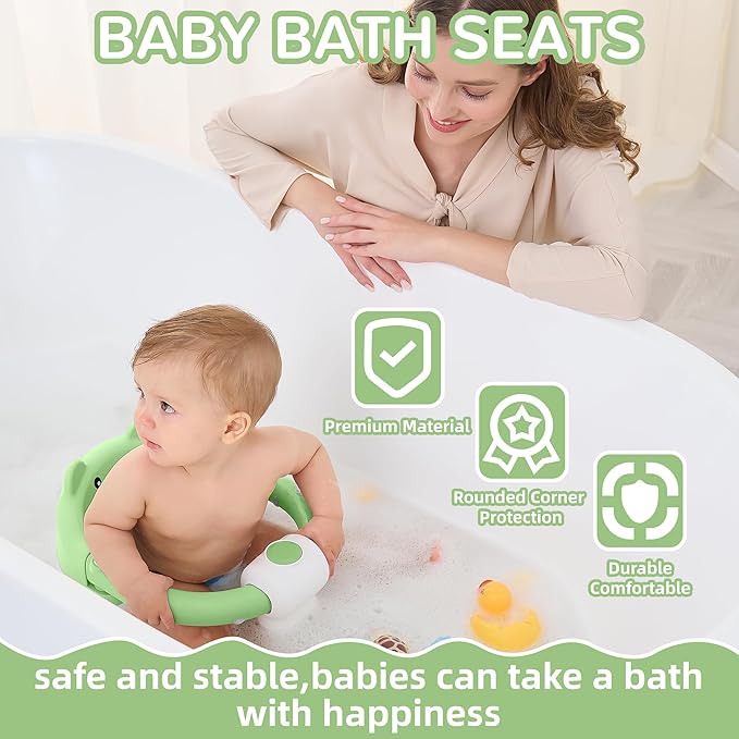 Baby Bath Seat for Babies 6 Months & up, Non-Slip Toddler Bath Seats for Babies Sitting Up, Safe Infant & Newborn Bathtub Chair with 4 Suction Cups & Soft Cushion for Shower,Green