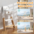 Ezebaby Folding Wooden High Chairs, 3-in-1 Convertible Baby High Chair, Dining Booster Seat, Toddler Chair, Easy Clean High Chairs for Babies and Toddlers with Large Adjustable Tray- Solid White