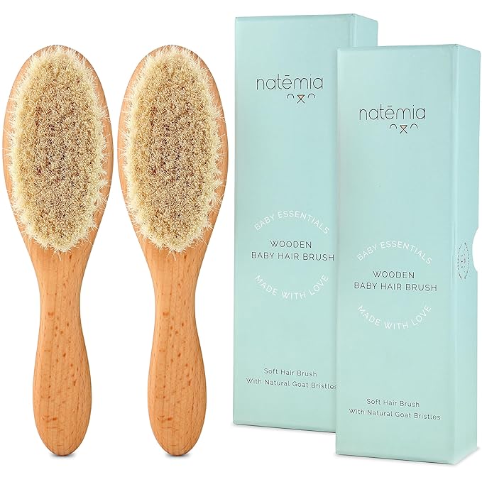 Natemia Soft Bristle Baby Hair Brush Set - 2 Pack Wooden Brushes for Newborns, Toddlers, and Baby Registry Gift