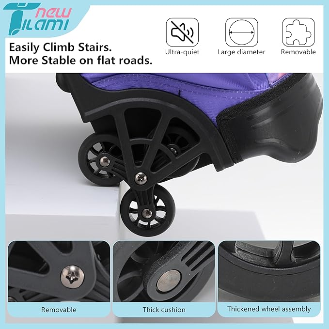 NEW TILAMI 18 inch Rolling Backpack Boys & Girls for School – Durable, Waterproof, Adjustable Handle, Ideal for Travel & Daily Use, Purple Sky