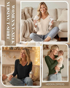 Huukeay 3 Pack Women's Long Sleeve Nursing Tops, Breastfeeding Hidden Zippers Shirts V Neck Maternity Pregnancy Tees Clothes