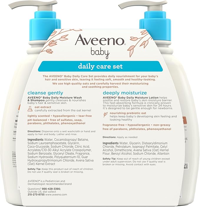 Aveeno Baby Daily Care Gift Set with Oat Extract & Prebiotic Oat, Contains Daily Moisturizing Body Lotion & Gentle 2-in-1 Baby Bath Wash & Shampoo, Hypoallergenic & Paraben-Free, Two Pack