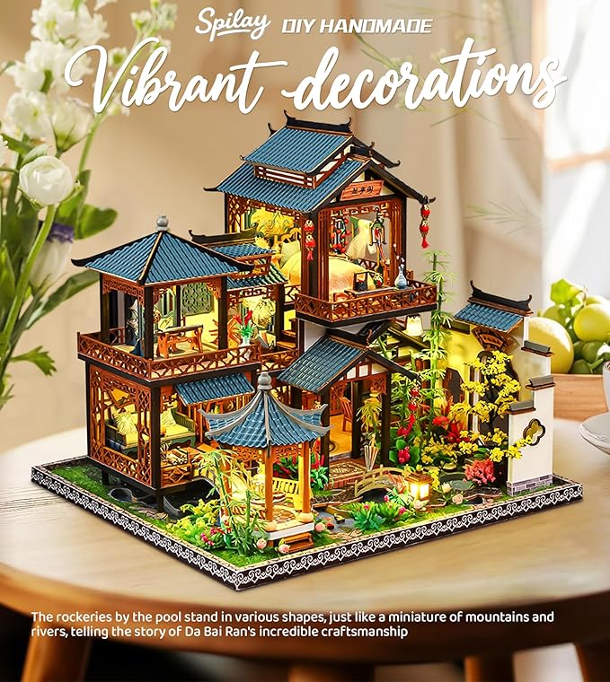 Spilay DIY Miniature Dollhouse Kit,DIY Dollhouse Kit with Wooden Furniture,Dust Proof Cover, Music Box and LED,Handmade Crafts Gifts for Birthday Christmas and Valentine's Day（P019）