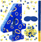Number 4 Blue and Golden Rings Piñata for Kids Birthday Cartoon Theme Small Piñata with Blindfold Stick Confetti for Fiesta Cinco De Mayo Party Decor, 15.8 x 11 x 2.8 Inch