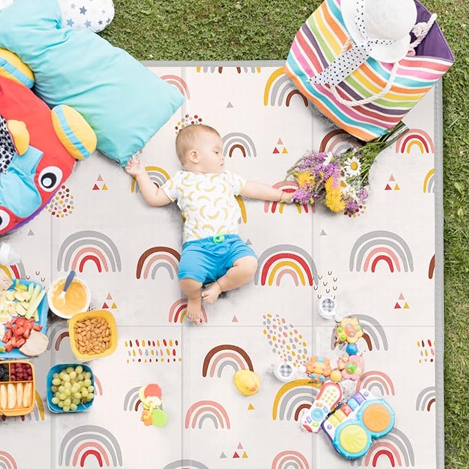 Foldable Baby Play Mat, PIGLOG 50x50 Playpen Mat, Safe Foam Playmat for Tummy Time, Waterproof Playmats for Babies and Toddlers Kids, Reversible Portable Baby Floor Mat for Infant, Rainbow Rain