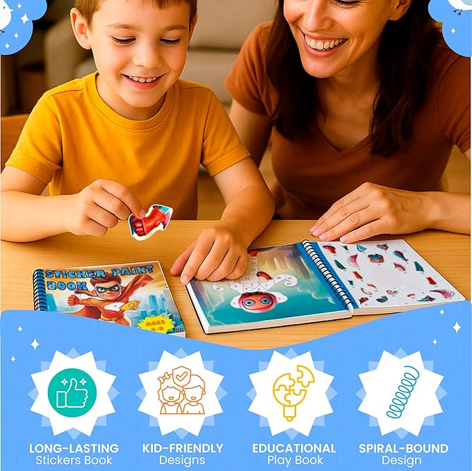 BulbaCraft 4Pcs Sticker Paint Books for Boys - Sticker Books by Number with Superheroes, Trucks, Animals and Space - Coloring Activity for Kids