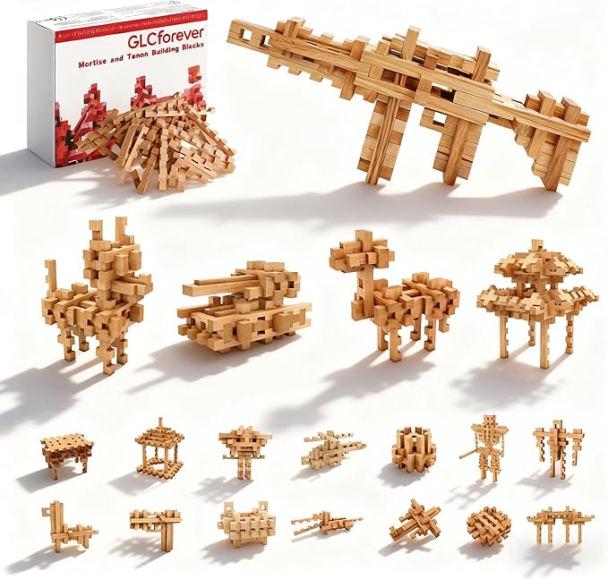 STEM Wooden Building Blocks -Mortise and Tenon Assembled into 15+ Shapes, Educational Toys Gift for Kids and Classroom,DIY Building Toys for Ages 5+ and Adults (20 in 1 Premium Version)