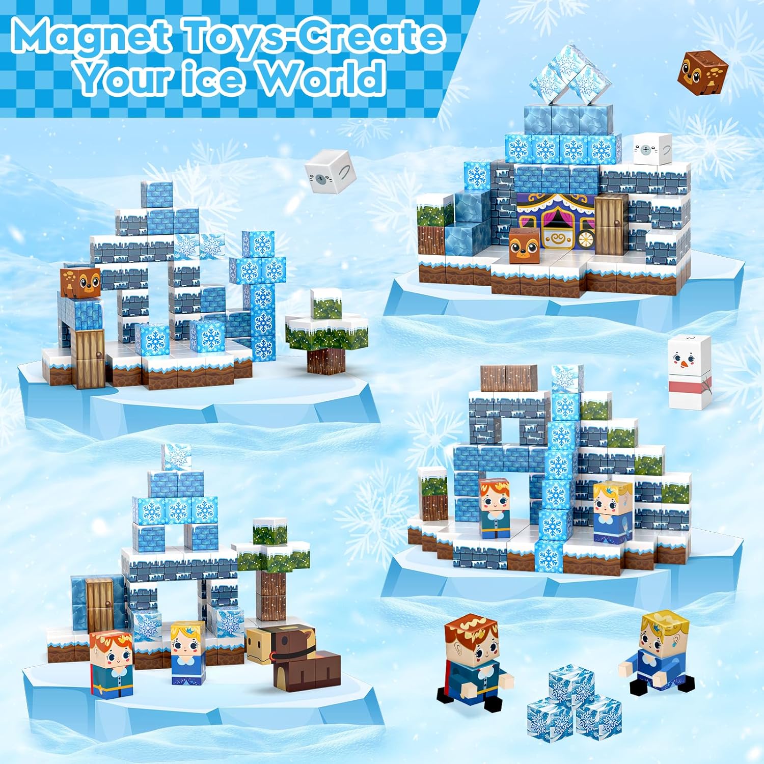 100pcs Magnetic Blocks, Magnetic Blocks for Kids Ages 4-8, Magnetic Cubes Sets for Frozen Princess Castle Build, Stacking Magnets for Kids, Birthday Gifts for Boys and Girls Age 3+ Years Old