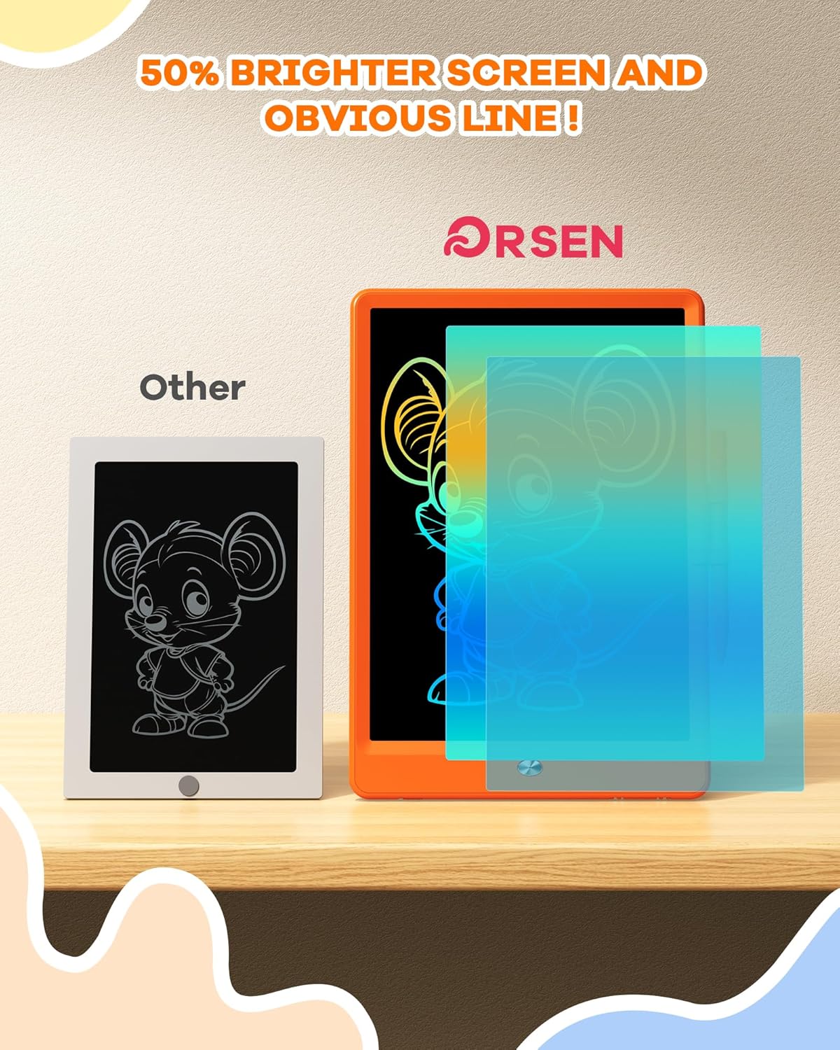 ORSEN LCD Writing Tablet 10 Inch, Colorful Doodle Board Drawing Tablet, Erasable Reusable Writing Pad, Educational for 3-8 Year Old Girls Boys(Orange)
