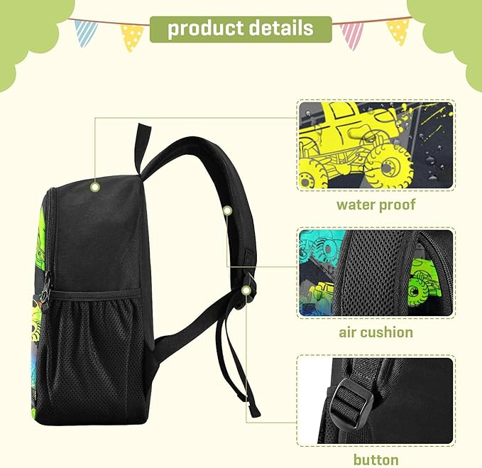 Toddler Monster Truck Backpack - Waterproof Mini Bag for Boys/Girls, Cute Small Kindergarten Pre-School Backpack (S)