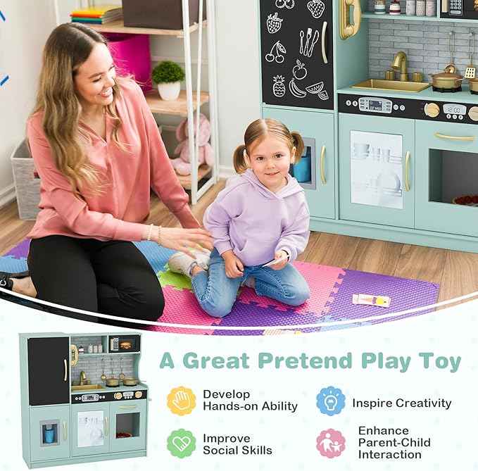 HONEY JOY Kids Kitchen Playset, Wooden Little Chef Pretend Toy Kitchen Set w/Chalkboard, Telephone, Utensils, Oven, Microwave, Sink, Storage, Play Kitchen for Toddlers Boys Girls, Green