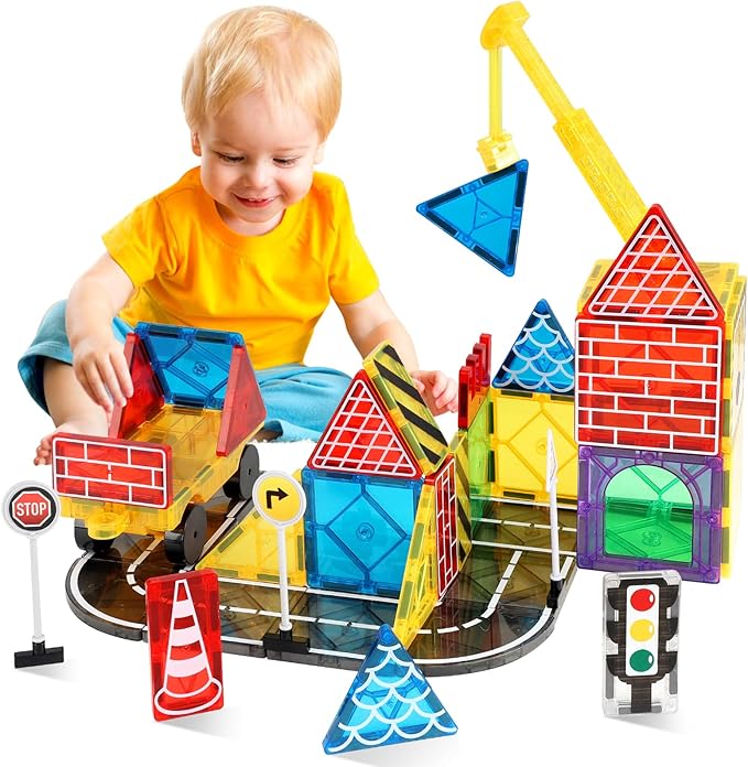 Magnetic Tiles Road Set Kids Toys, Magnetic City Construction Toys with Magnet Crane for 3+ Year Old Boys Girls, STEM Magnet Blocks Building for Kids Ages 3-5 4-8
