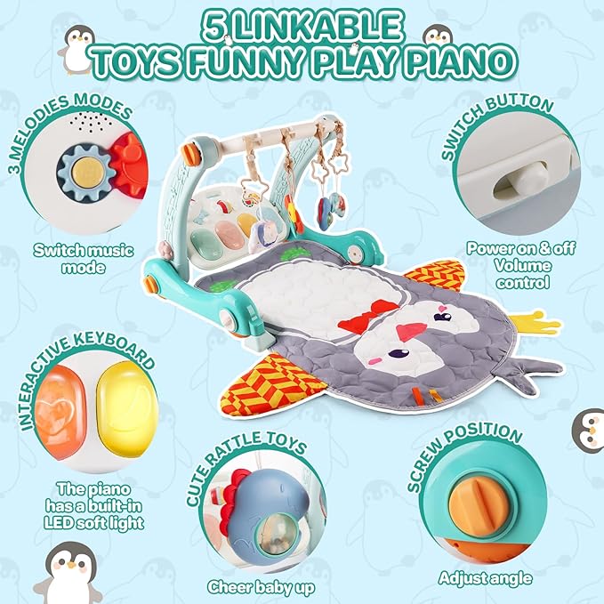 deAO Baby Play Mat Gym Tummy Time Mat Infant Play Center and Baby Activity Mat Baby Learning Walker Detachable Play Piano and Rattles, Baby Gifts for Babies 0-12+ Months, Penguin