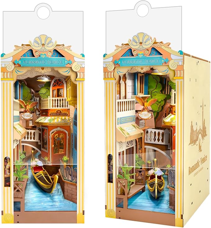 Rolife DIY Book Nook Kit for Adults, Miniature Dollhouse Booknook Kit, 3D Wooden Puzzle Creative Decorative Bookends Bookshelf Diorama Insert Crafts Hobbies Gifts (Romantic Venice)