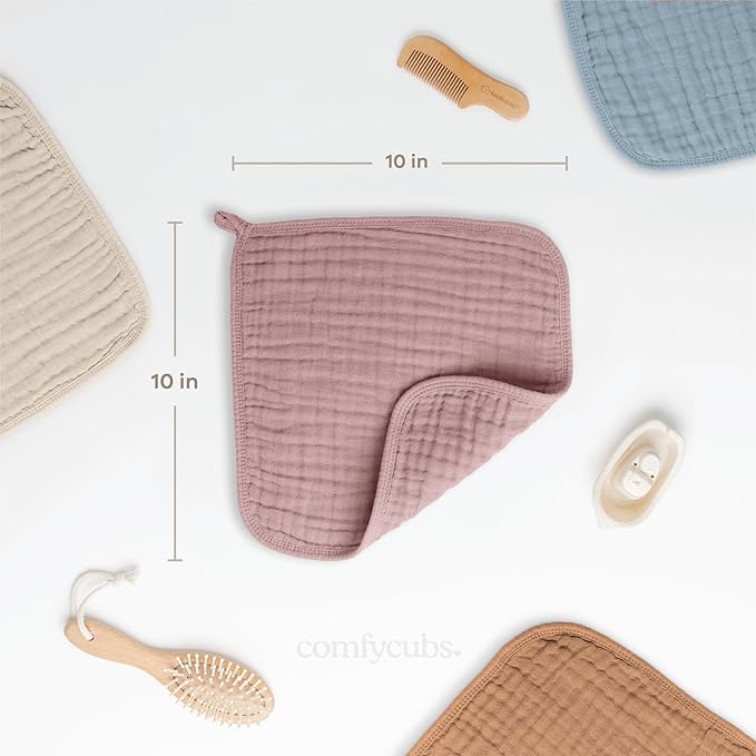 Comfy Cubs Muslin Baby Washcloths 10 Pack - Soft 6-Layer Cotton Wash Cloths for Sensitive Skin - 10"x10" Large, Gentle, Absorbent Infant Essentials for Newborn and Toddlers - Mauve