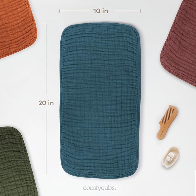 Comfy Cubs Muslin Burp Cloths 20" x 10", Pack of 10 - Large, 6-Layer, Ultra Absorbent 100% Cotton for Baby Drool and Messes - Soft, Safe & Gentle Baby Burp Cloths for Boys & Girls - Neptune