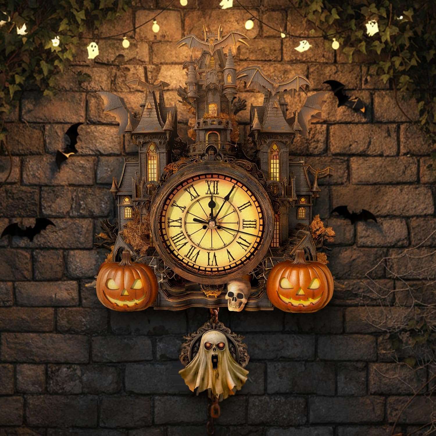 3D Puzzles for Adults Clock-Halloween Cottage Design Model Kit-Mechanical DIY Pendulum Clock with Roman Numerals-Desk Home Office Decor Personalized Gift for DIY Lovers