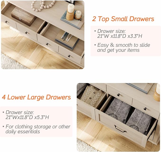 WAMPAT Beige Baby Dresser with 6 Drawers for Kids Room, Kids Dressers Wooden Double Dresser for Bedroom, Chest of Drawers Storage Organizer for Nursery Furniture