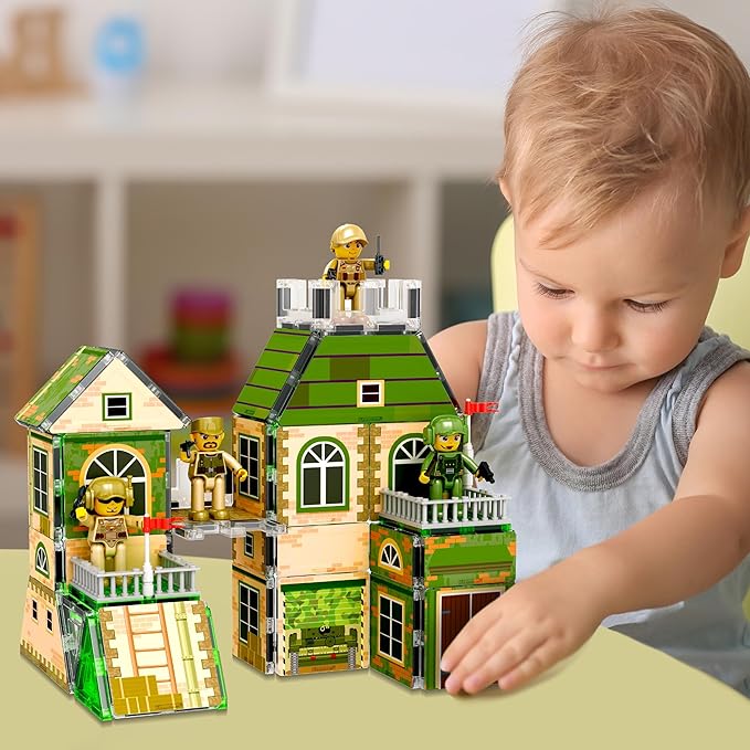 PicassoTiles 102pc Magnet Tile Building Block Ninja & Troop Theme Double Sided Printings 2in1 with 8 Character Figures Magnetic Tiles Construction Playset Fine Motor Skill STEM Educational Age3+ PTQ02