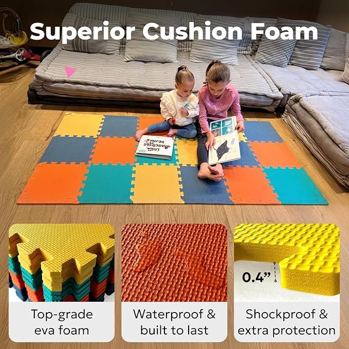 MioTetto Foam Floor Tiles for Kids - Non-Toxic Comfortable Baby Play Mat and Interlocking Foam Tiles, Fits with 50x50 Playpen Mat for Crawling & Development, Soft Play Mat for Babies 6-12 Months