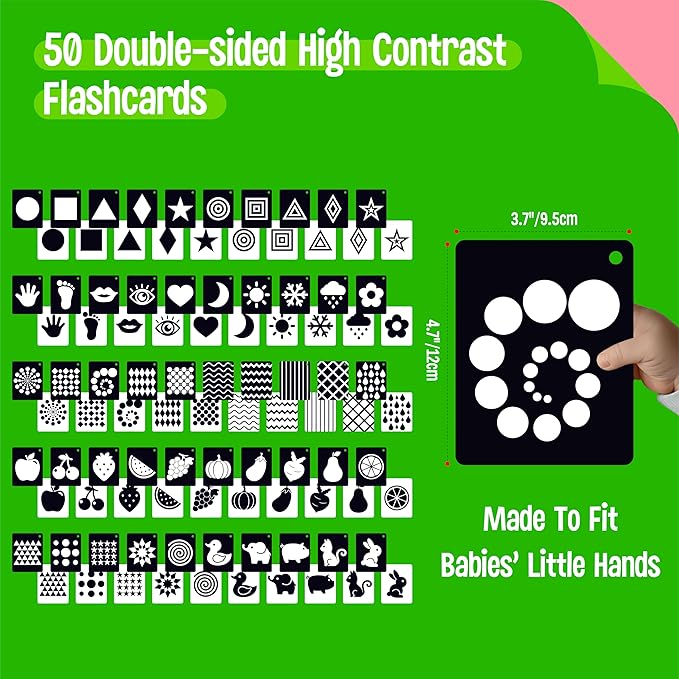 50PCS High Contrast Baby Flashcards, 100 Pages Black & White Visual Stimulus Flash Cards, Brain Development Cards Set Montessori Sensory Toys for Infants Newborn Boy Girl Baby Tummy Time (0-3 Months)